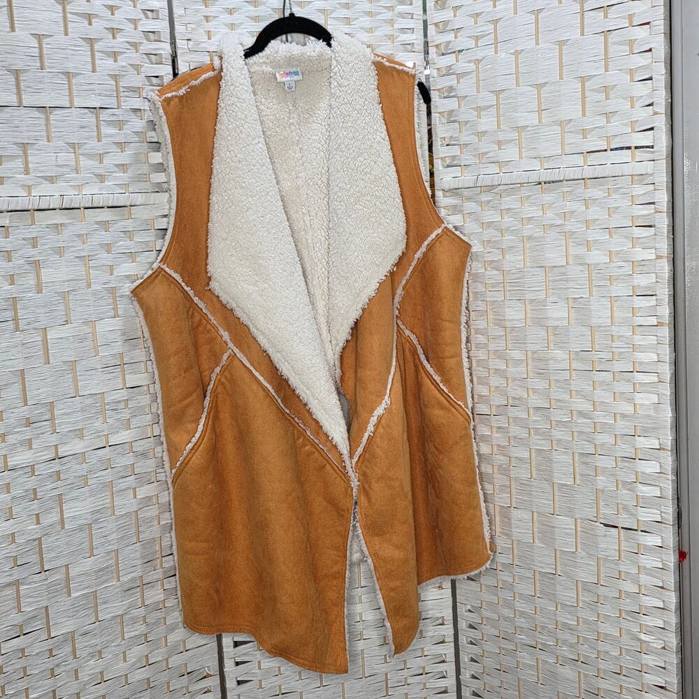 LuLaRoe Marlow Shearling Vest Women's Large Tan Open Front Draped